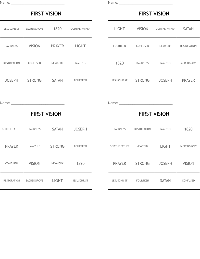 FIRST VISION Bingo Cards