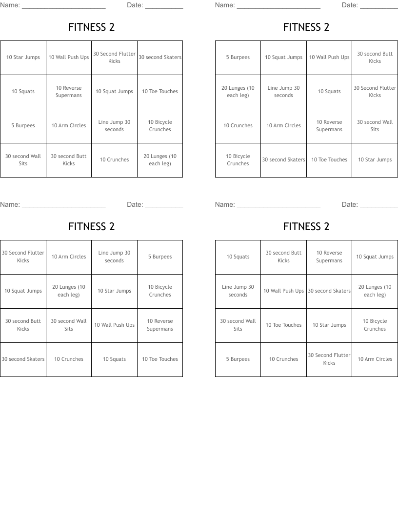 FITNESS 2 Bingo Cards
