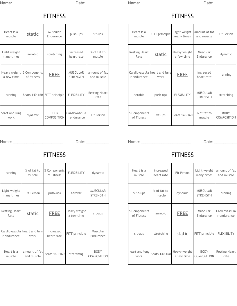 FITNESS Bingo Cards