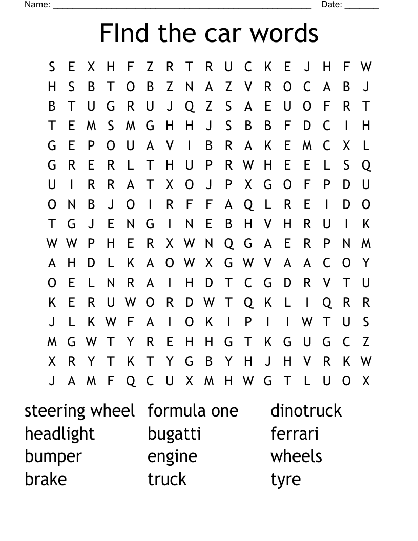 FInd the car words Word Search
