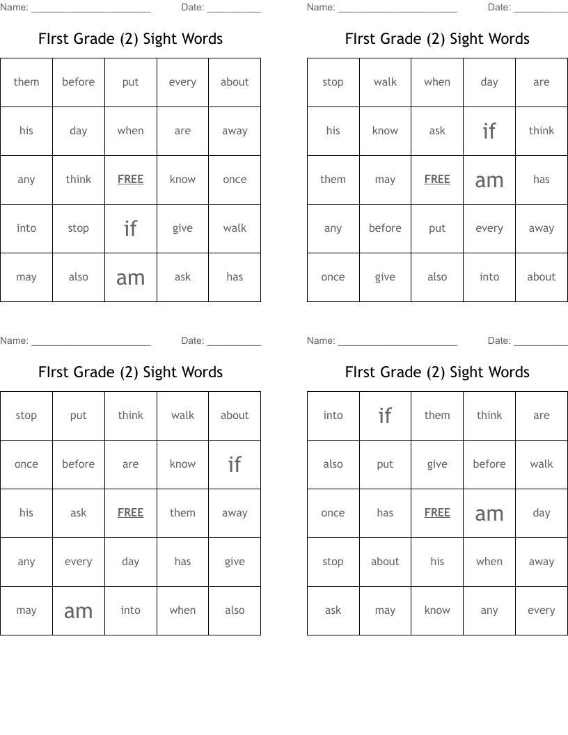 FIrst Grade (2) Sight Words Bingo Cards