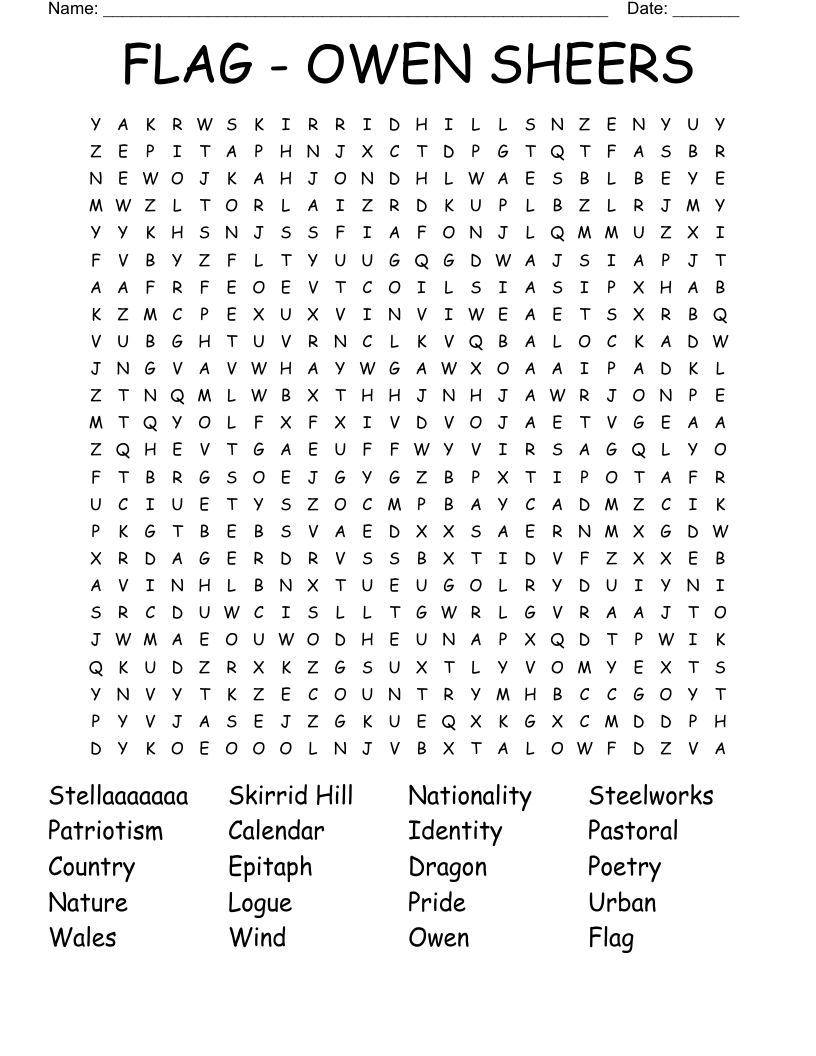 FLAG - OWEN SHEERS Word Search
