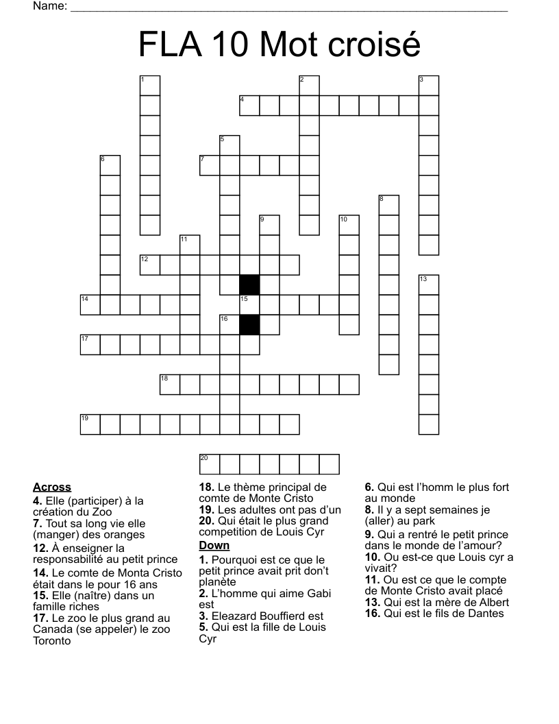 FLA 10 Mot croisé Crossword