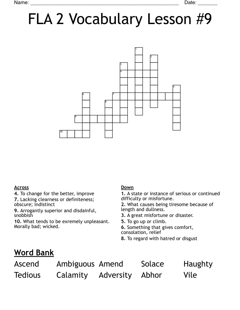 FLA 2 Vocabulary Lesson #9 Crossword