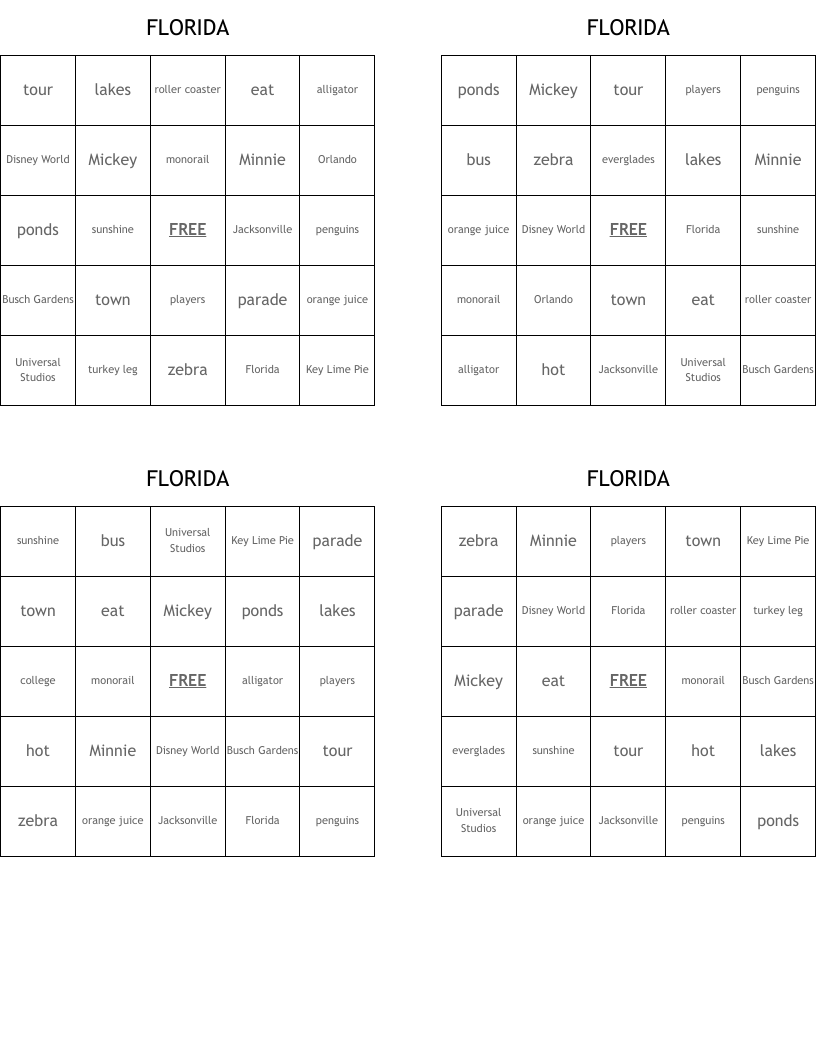 FLORIDA Bingo Cards