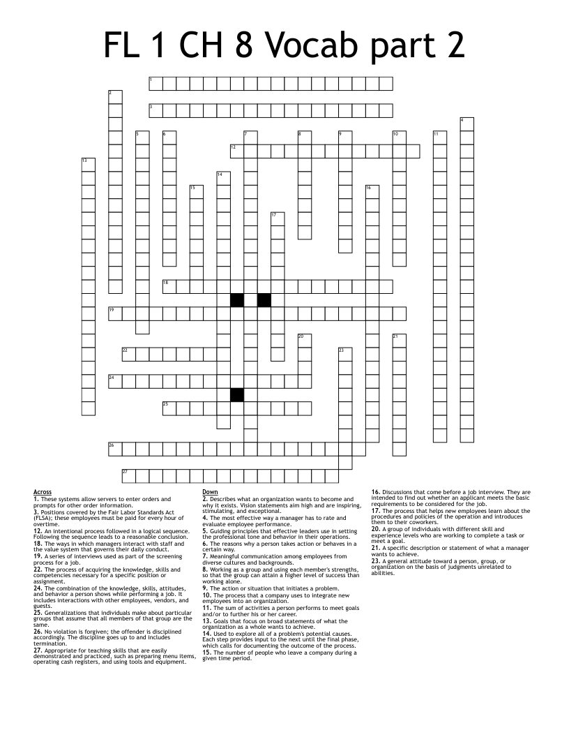 FL 1 CH 8 Vocab part 2 Crossword