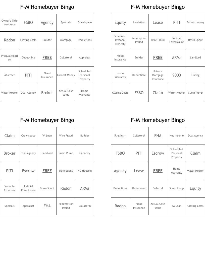 F-M Homebuyer Bingo