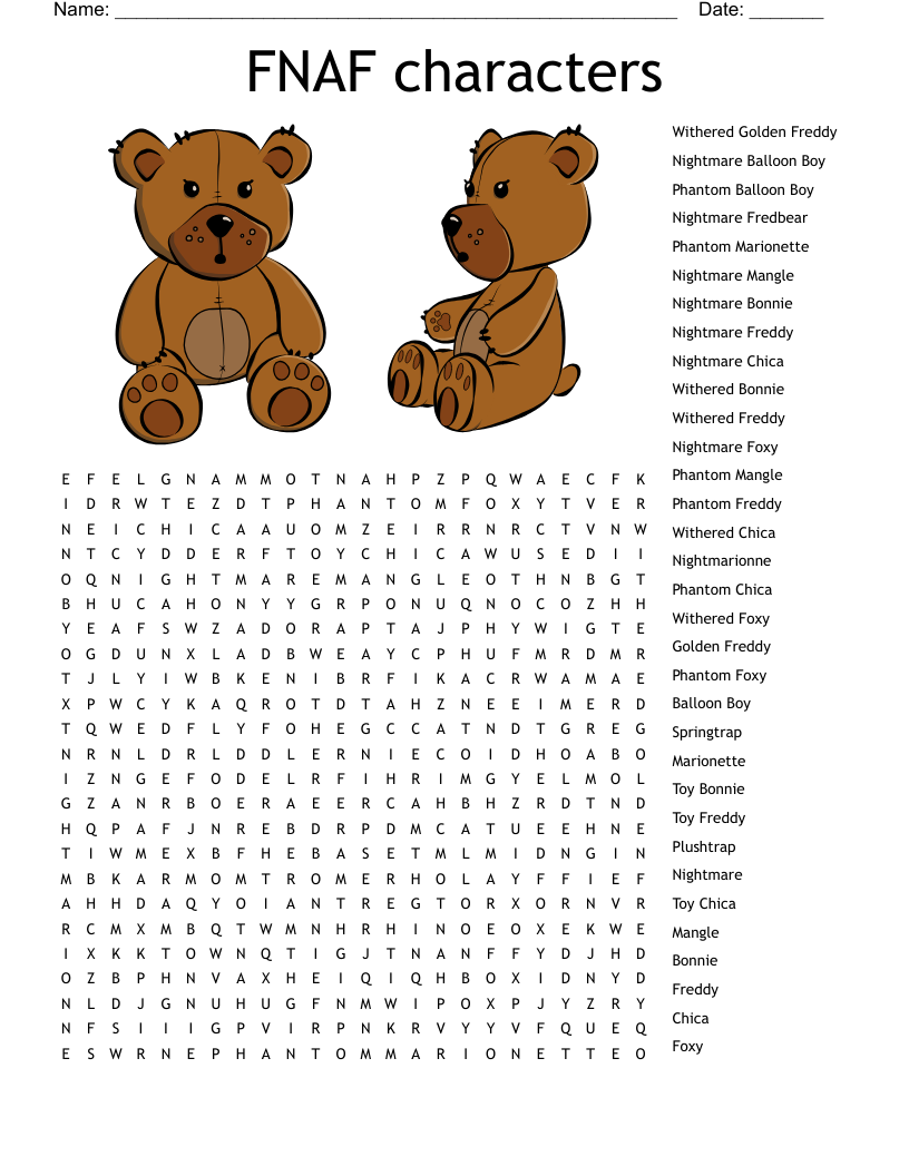 FNAF characters Word Search