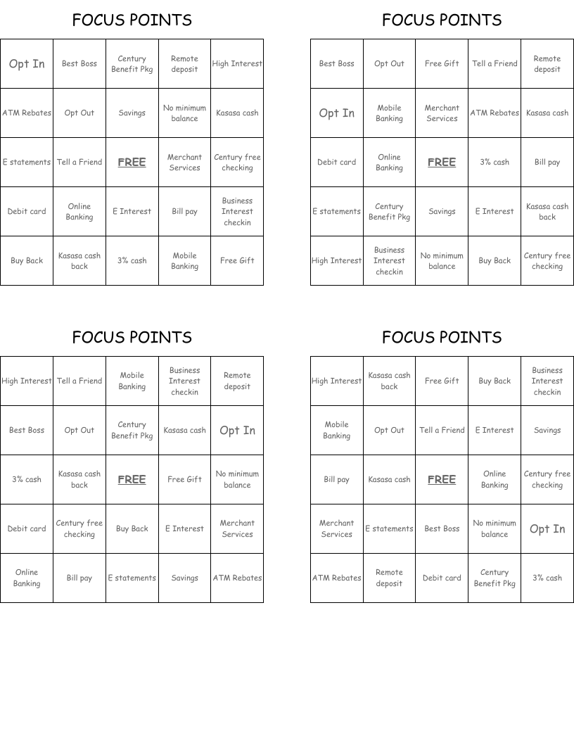 FOCUS POINTS Bingo Cards