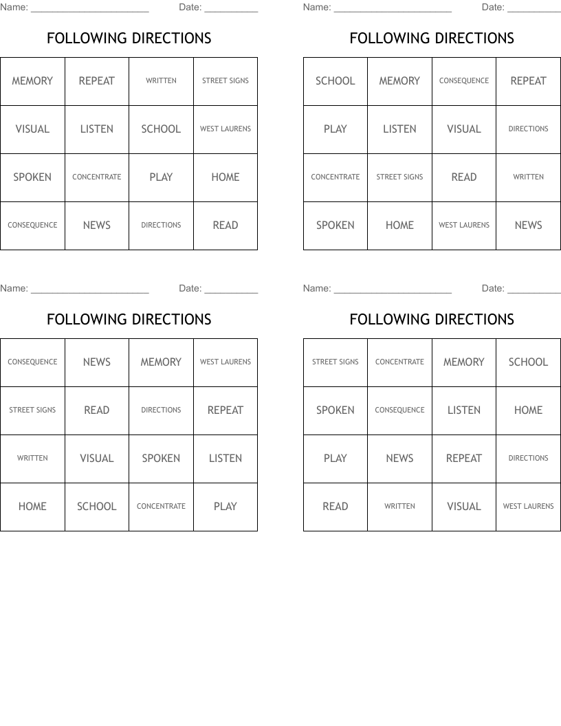 FOLLOWING DIRECTIONS Bingo Cards