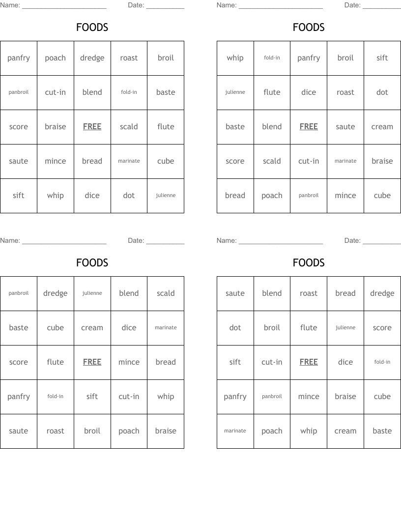FOODS Bingo Cards