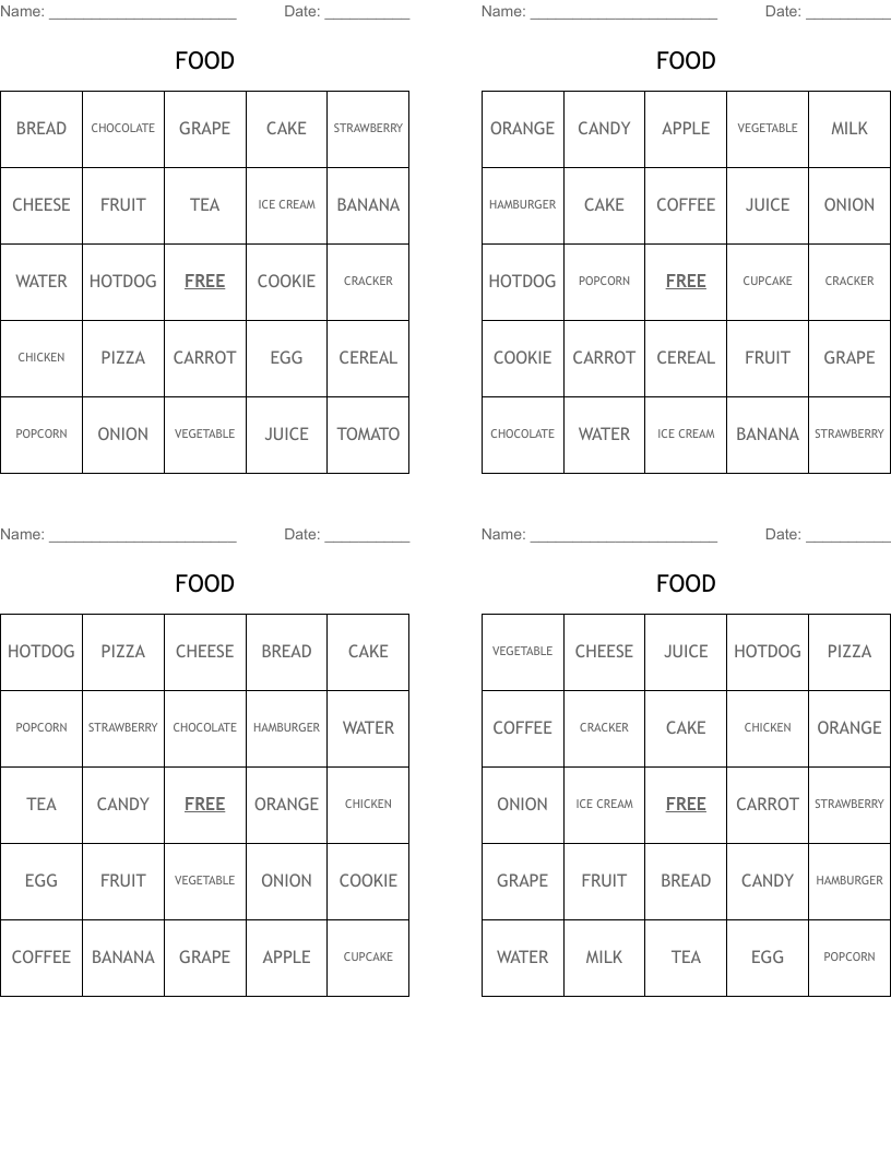 FOOD Bingo Cards