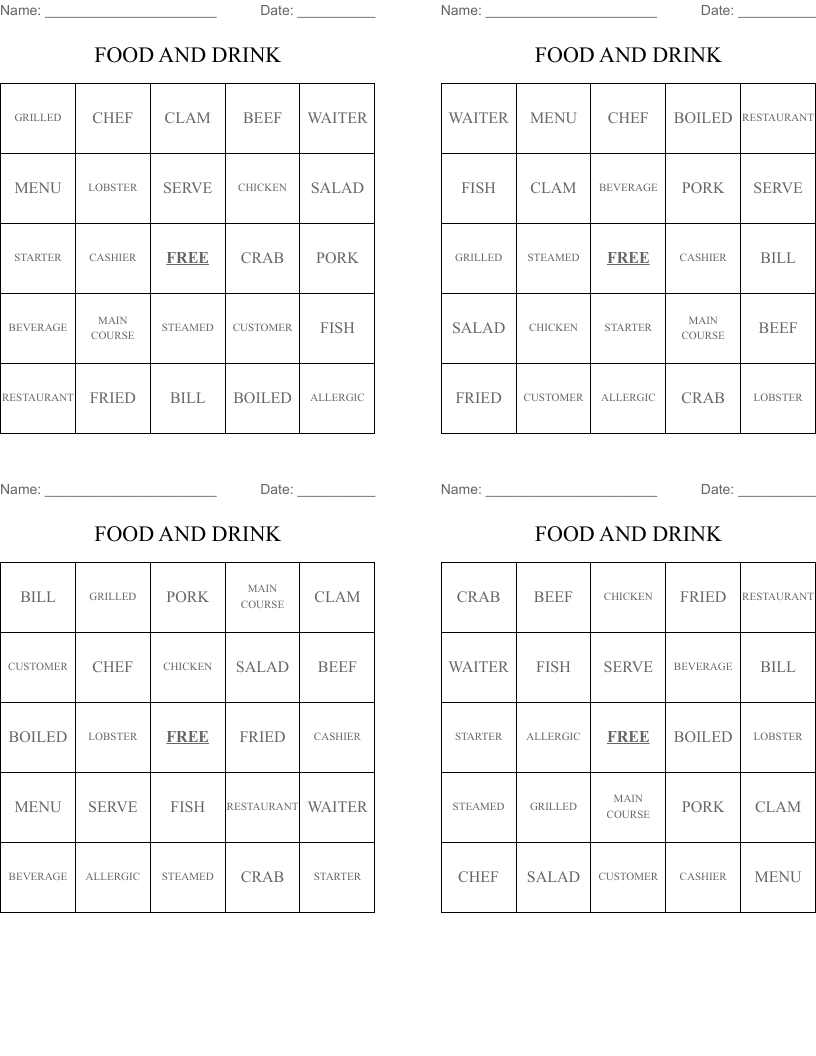 FOOD AND DRINK Bingo Cards