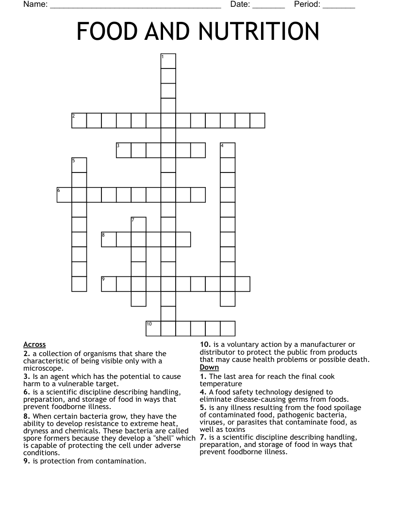 FOOD AND NUTRITION Crossword