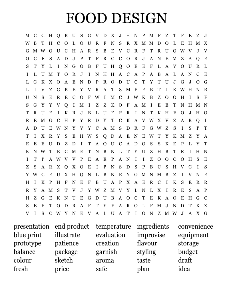 FOOD DESIGN Word Search
