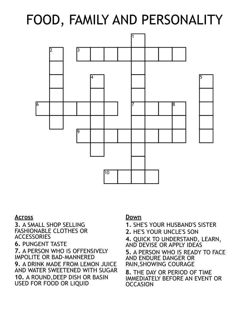 FOOD, FAMILY AND PERSONALITY Crossword