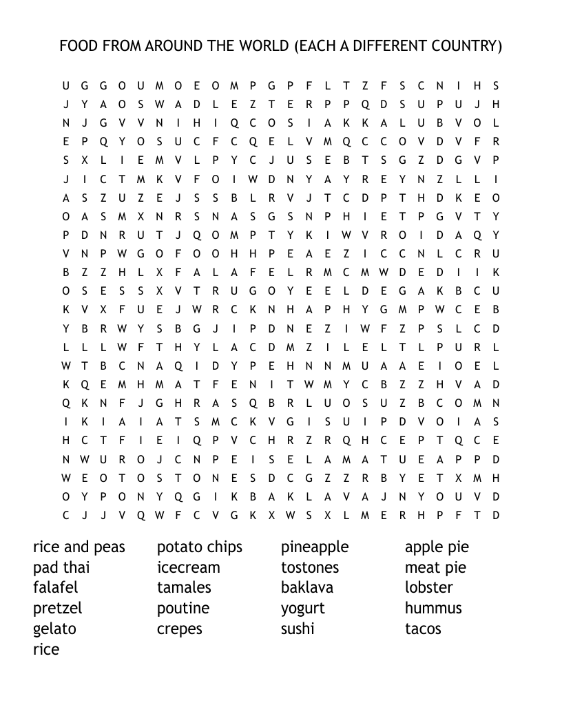 FOOD FROM AROUND THE WORLD (EACH A DIFFERENT COUNTRY) Word Search