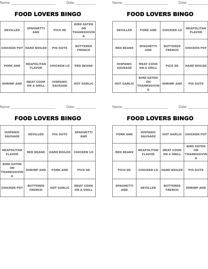 FOOD LOVERS BINGO