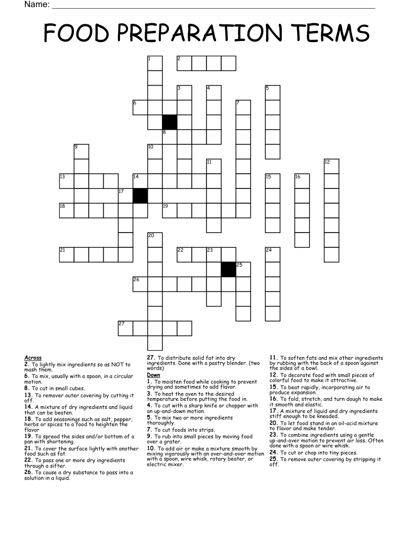 FOOD PREPARATION TERMS Crossword