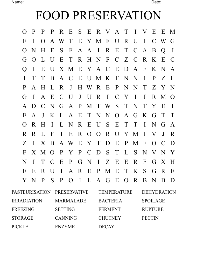 FOOD PRESERVATION Word Search