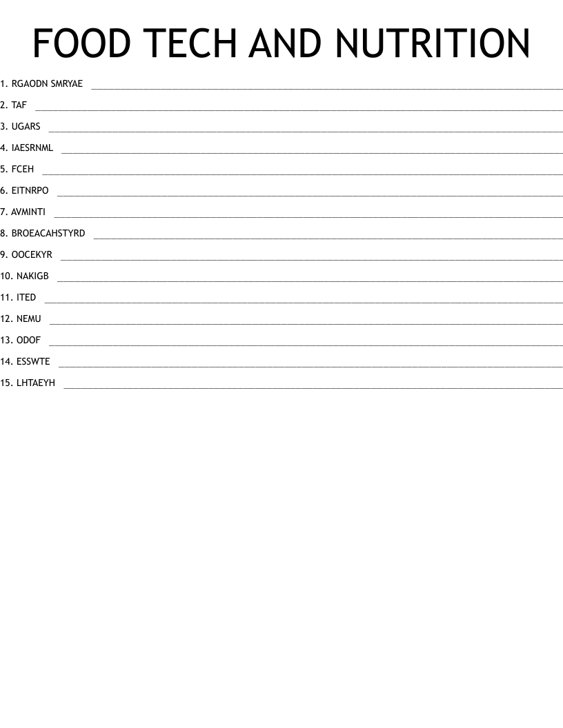 FOOD TECH AND NUTRITION Word Scramble