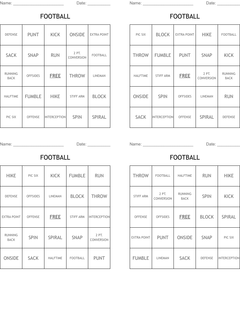 FOOTBALL Bingo Cards