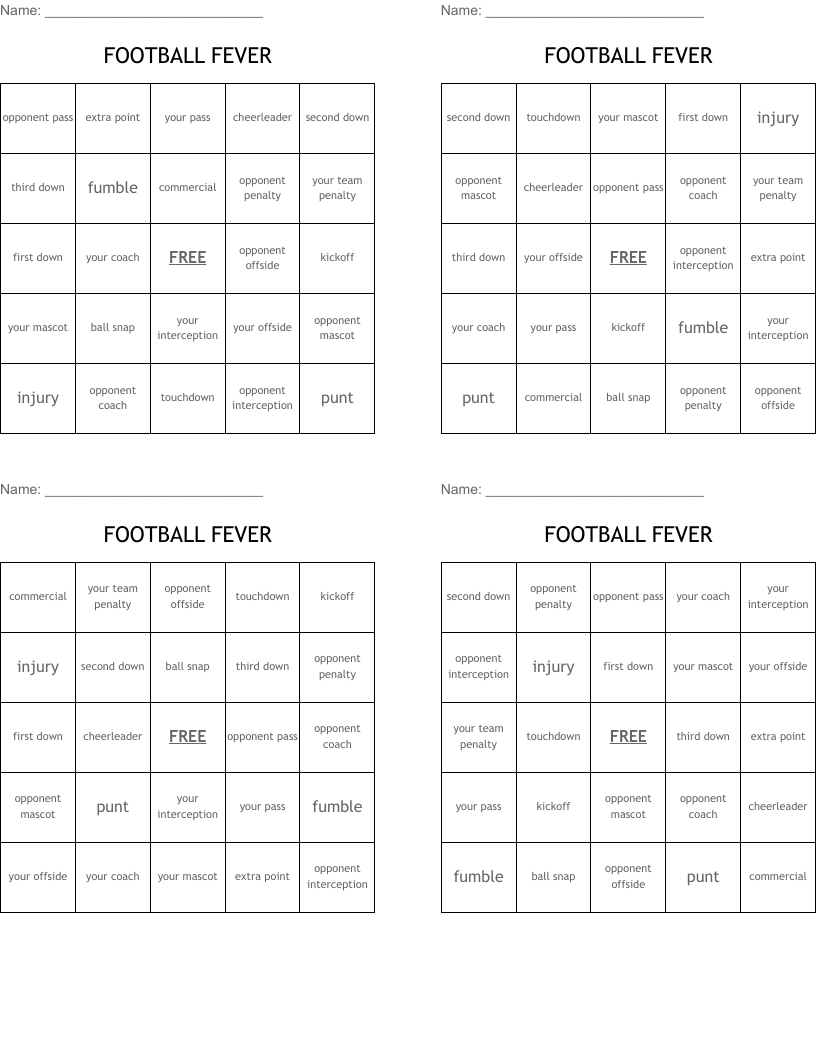 FOOTBALL FEVER Bingo Cards