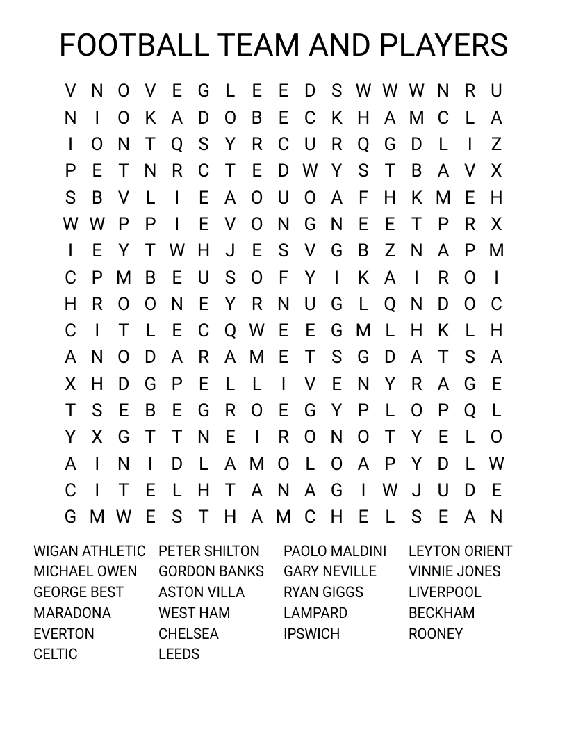 FOOTBALL TEAM AND PLAYERS Word Search