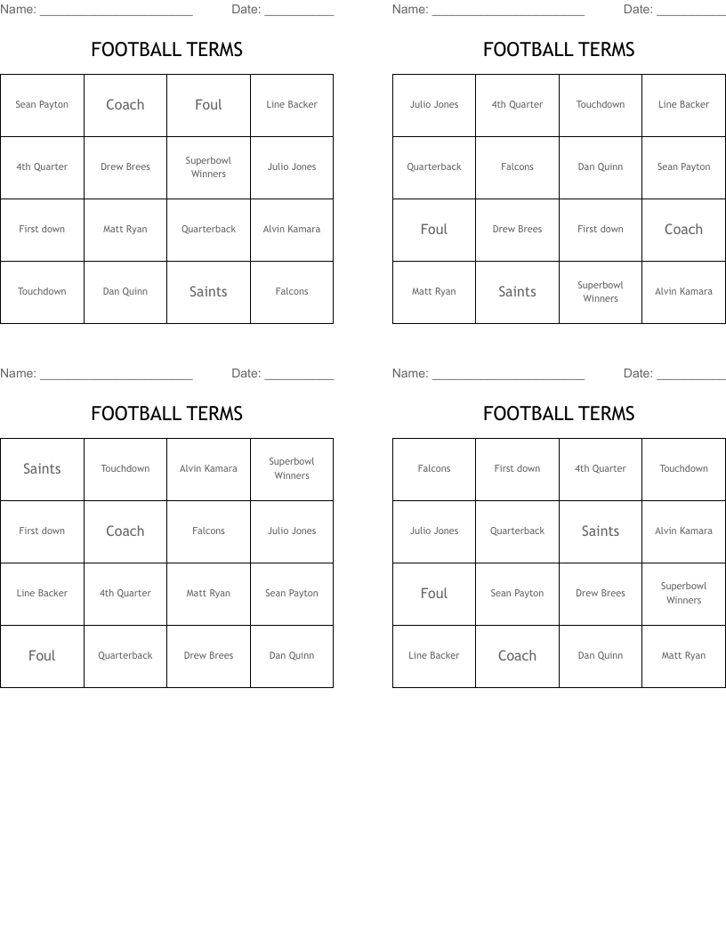 FOOTBALL TERMS Bingo Cards