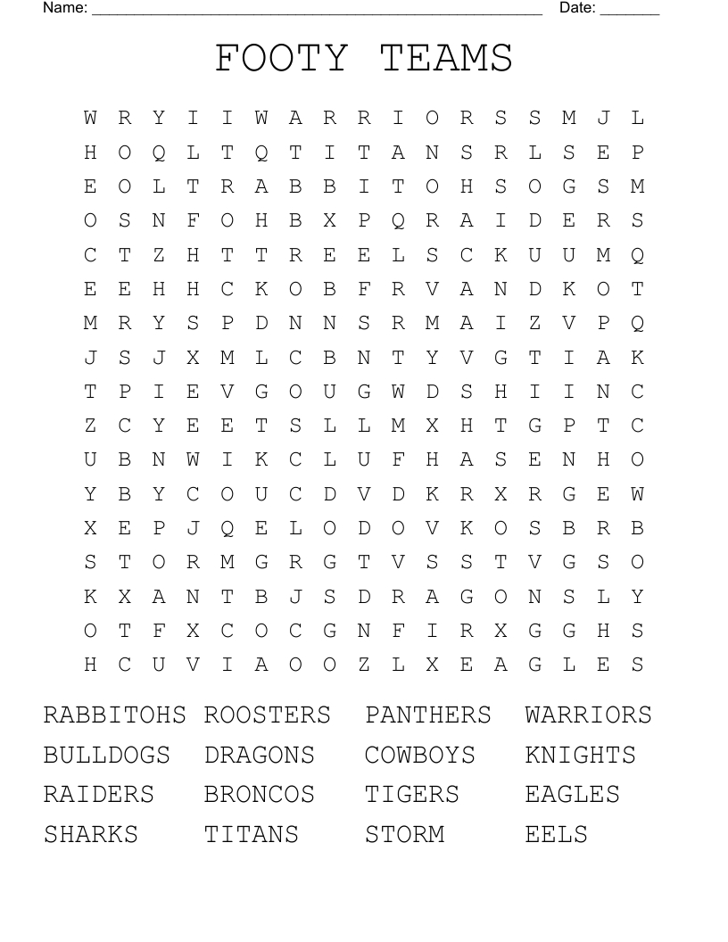 FOOTY TEAMS Word Search