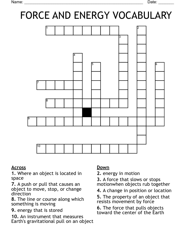FORCE AND ENERGY VOCABULARY Crossword
