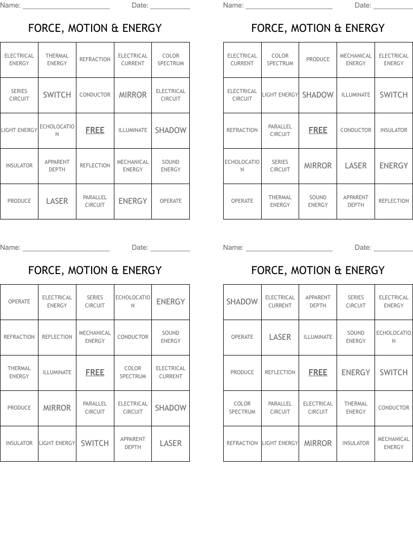 FORCE, MOTION & ENERGY Bingo Cards