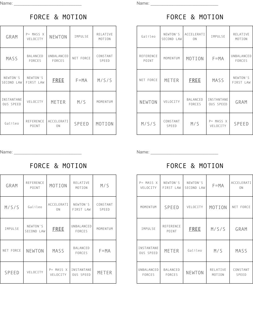 FORCE & MOTION Bingo Cards