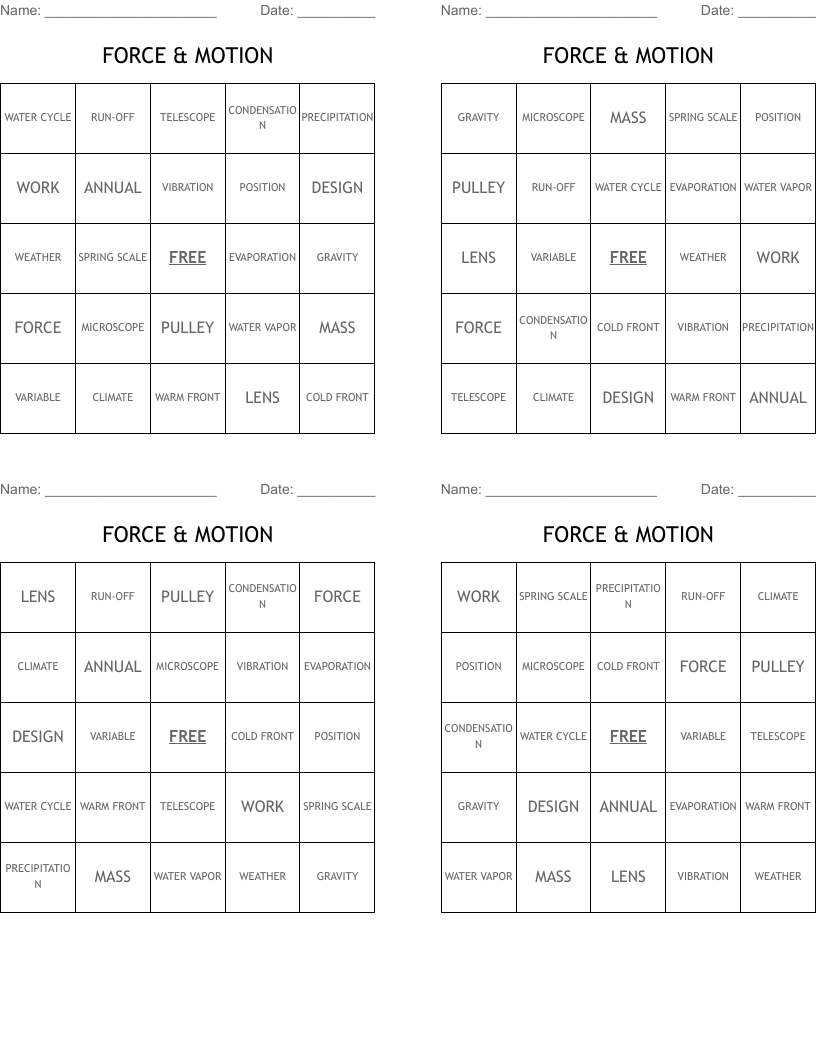 FORCE & MOTION Bingo Cards