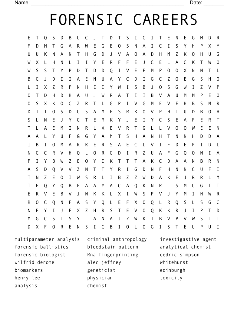 FORENSIC CAREERS Word Search