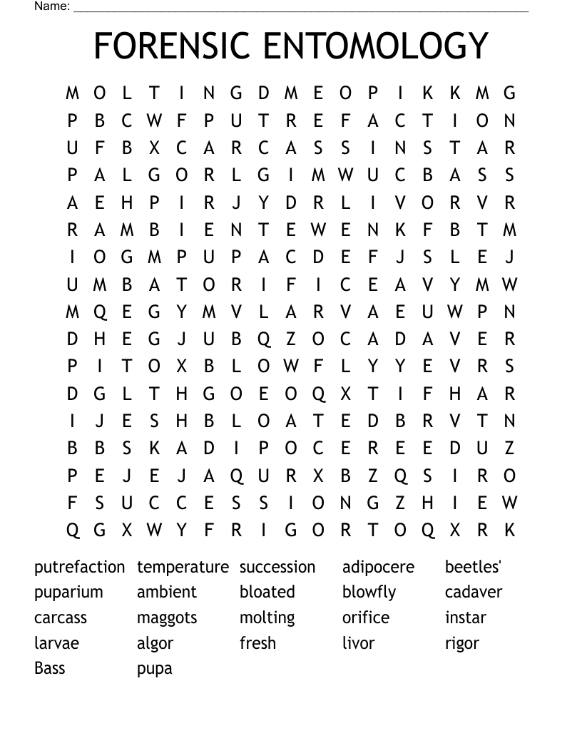 FORENSIC ENTOMOLOGY Word Search