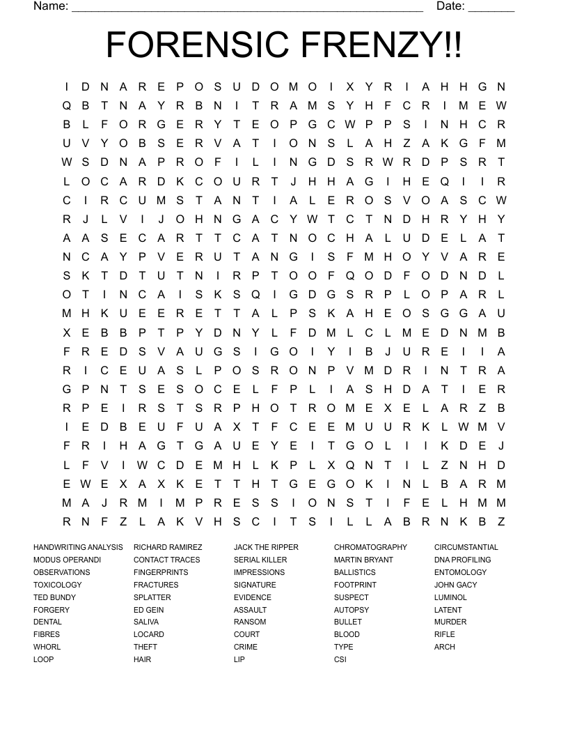FORENSIC FRENZY!! Word Search