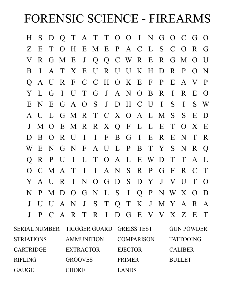 FORENSIC SCIENCE - FIREARMS Word Search
