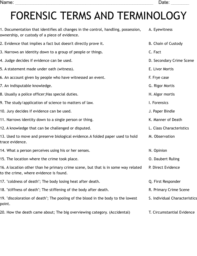 FORENSIC TERMS AND TERMINOLOGY Worksheet