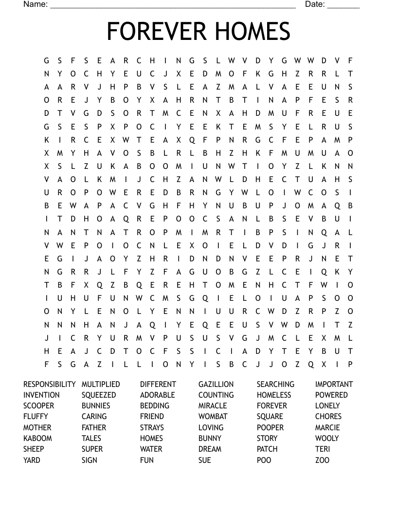 FOREVER HOMES  Word Search