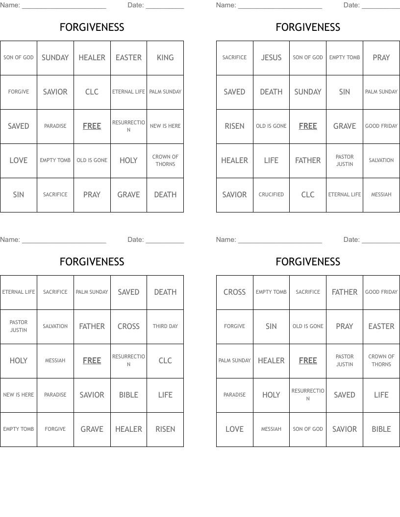 FORGIVENESS Bingo Cards