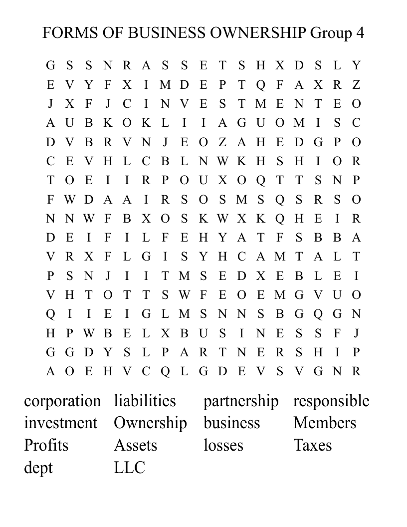 FORMS OF BUSINESS OWNERSHIP Group 4 Word Search