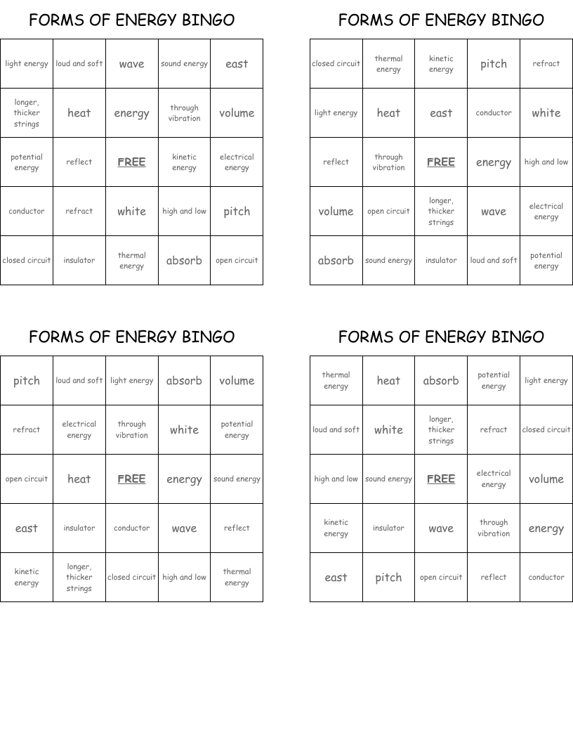 FORMS OF ENERGY BINGO