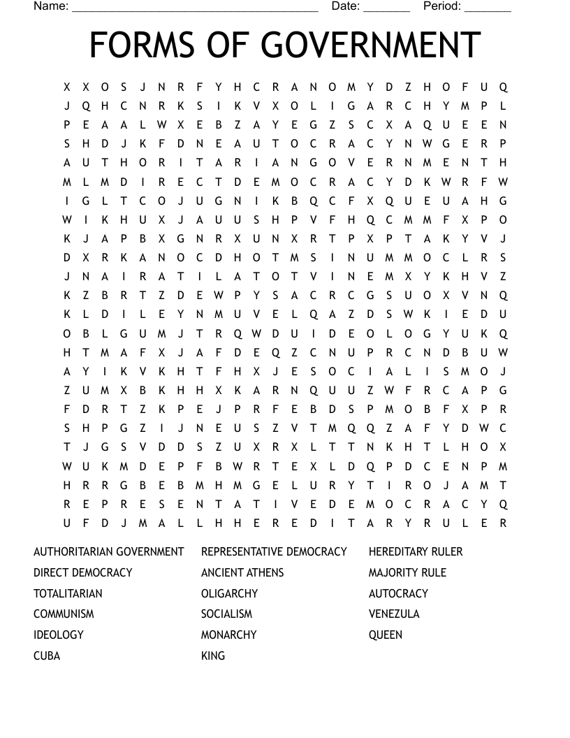 FORMS OF GOVERNMENT Word Search