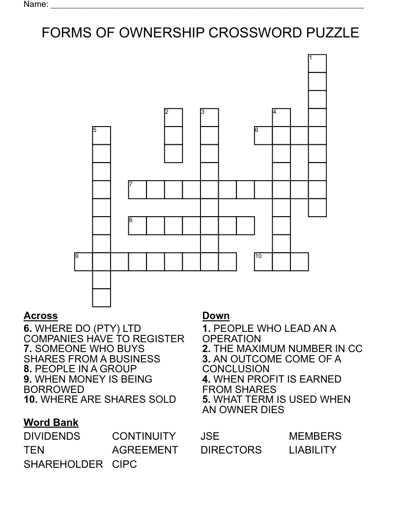 FORMS OF OWNERSHIP CROSSWORD PUZZLE