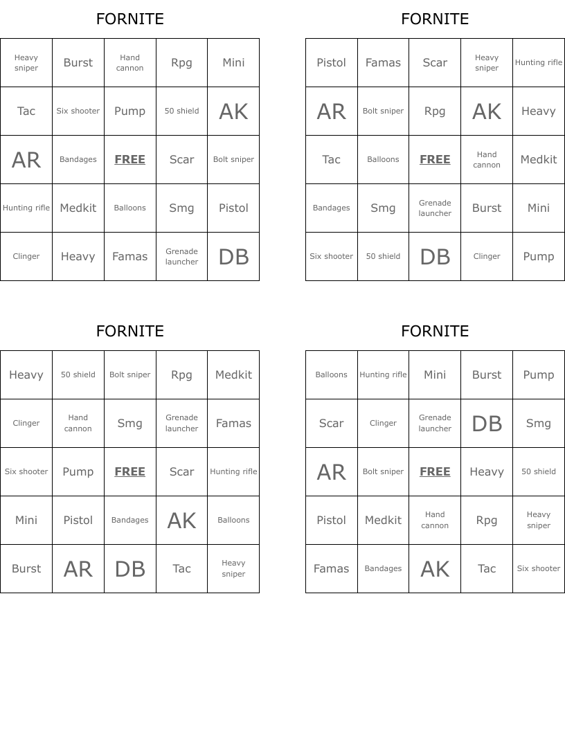 FORNITE Bingo Cards