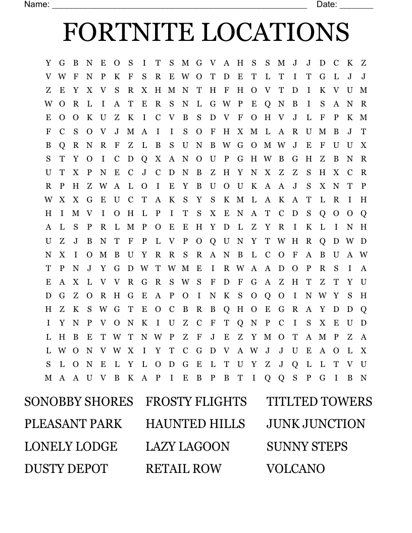 FORTNITE LOCATIONS Word Search