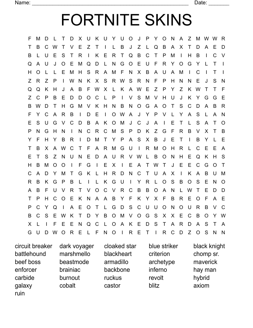 FORTNITE SKINS Word Search