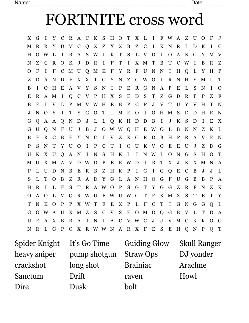 FORTNITE cross word Word Search
