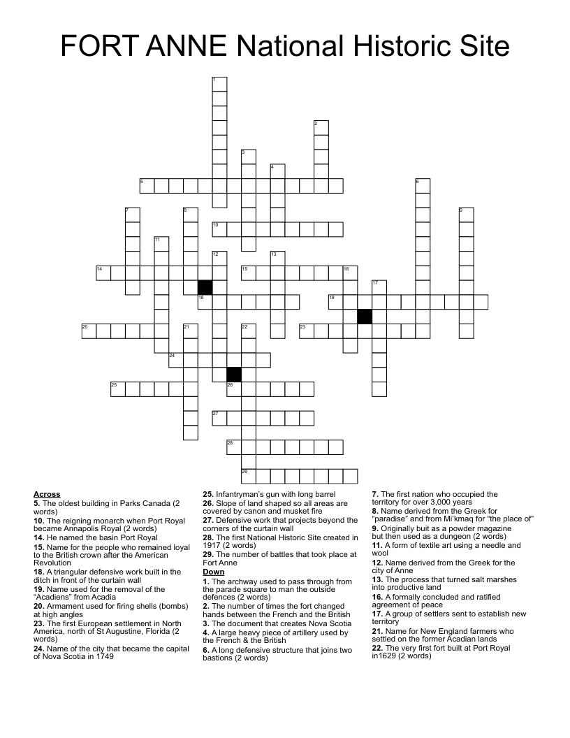 FORT ANNE National Historic Site Crossword